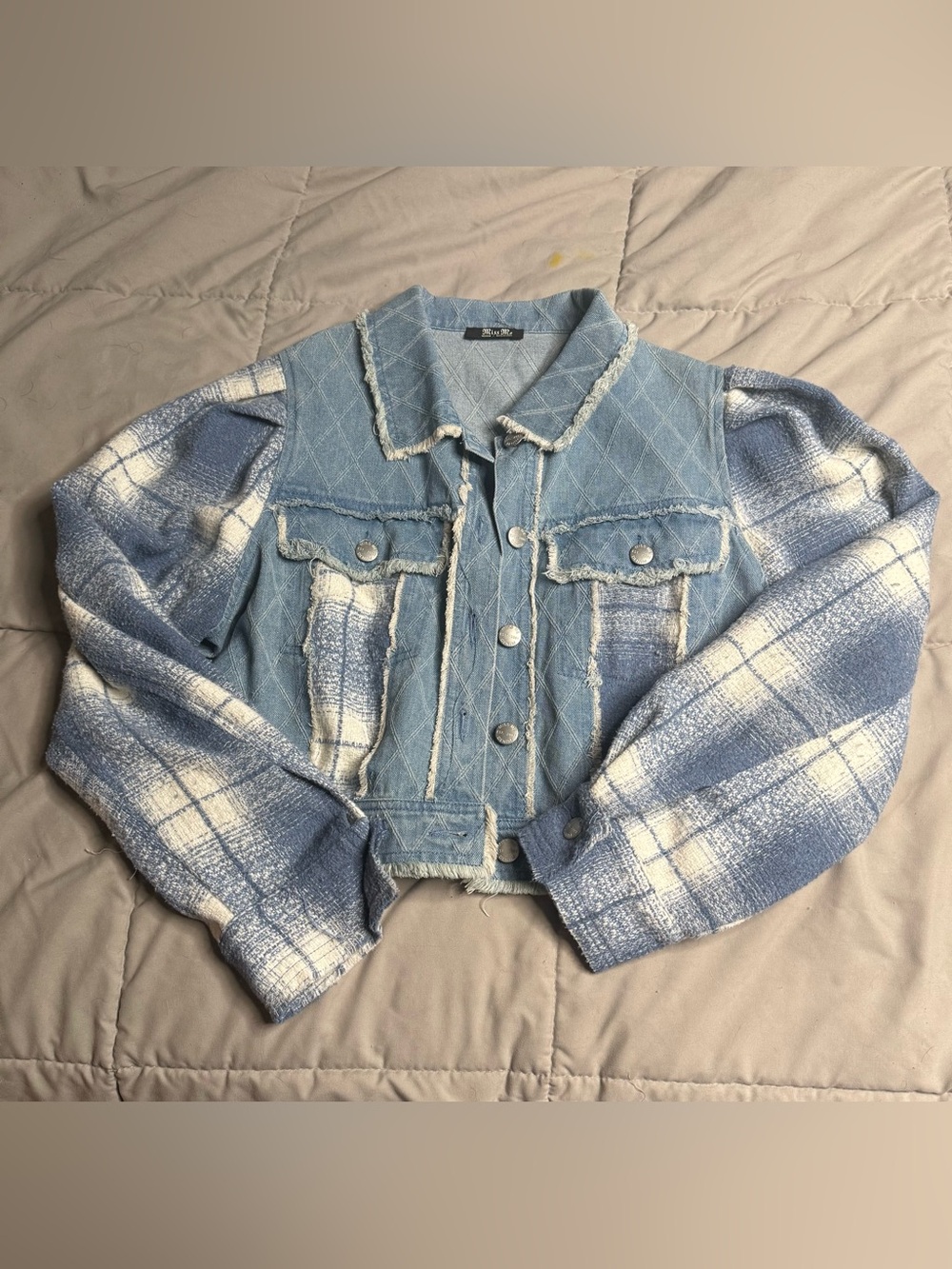 Miss Me Distressed Light Blue Denim & Plaid Sleeve Cropped Jacket, Brand New